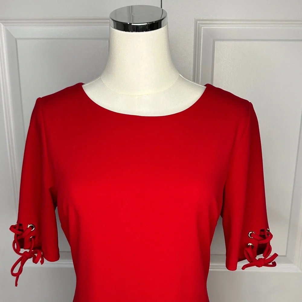 NWT Ivanka Trump Red Ruffle Hem Lace-up Sleeves Valentine’s Day Mini Dress Size4 - Picture 4 of 14